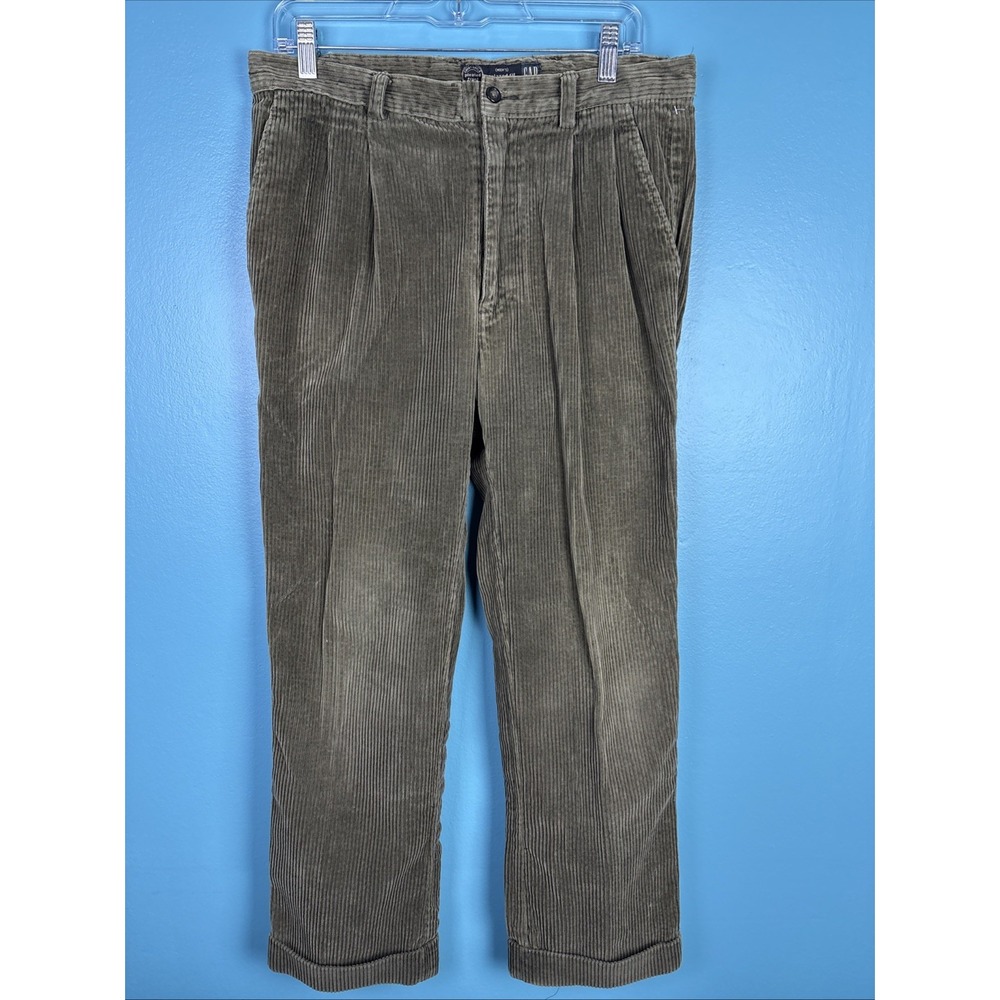VTG GAP Corduroy Pants 31x30 Olive Wide Wale Pleated Cuffed Trousers 90s Preppy